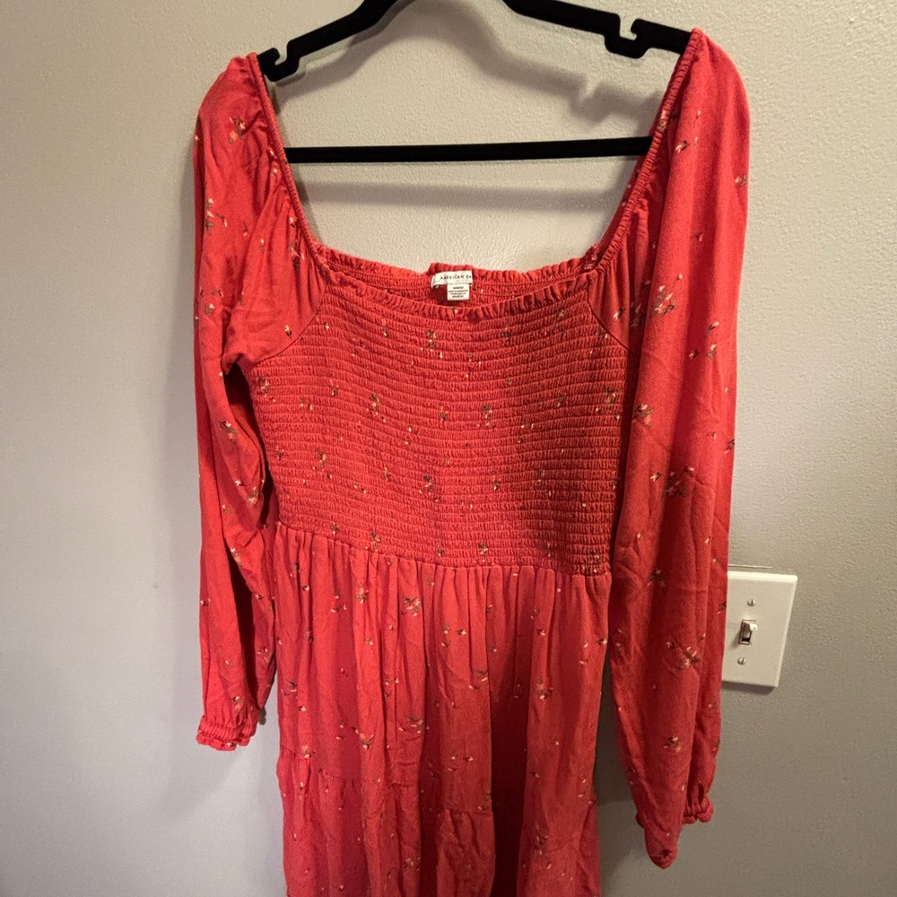 American Eagle Coral Smocked Mini Dress Medium Boho Peasant Dress